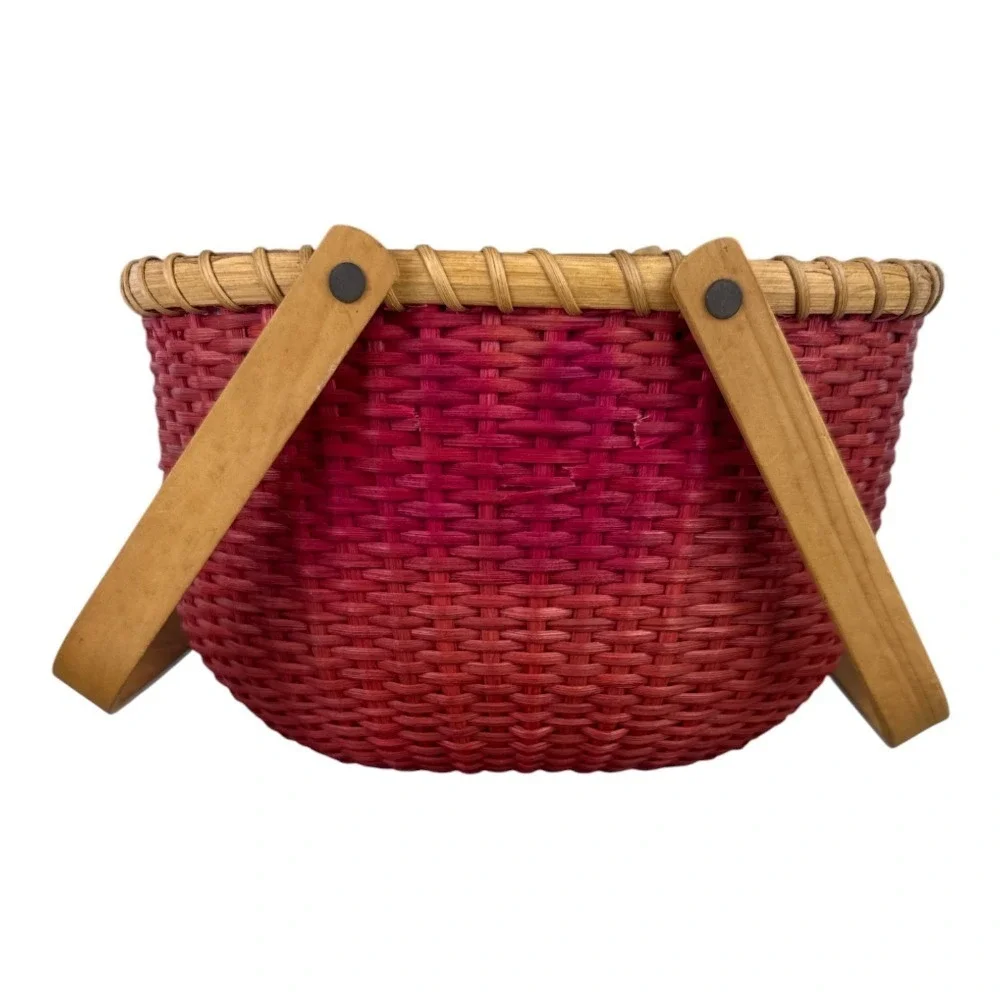 Red Woven Oval Basket with Double Wood Swing Handles Rustic Home Decor Primitive